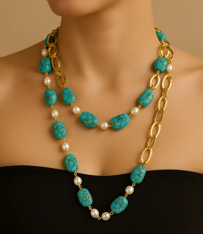 Luxury Turquoise and Pearl Necklace with 18K Gold Plating – Versatile Long or Double Strand Phoebe`s  