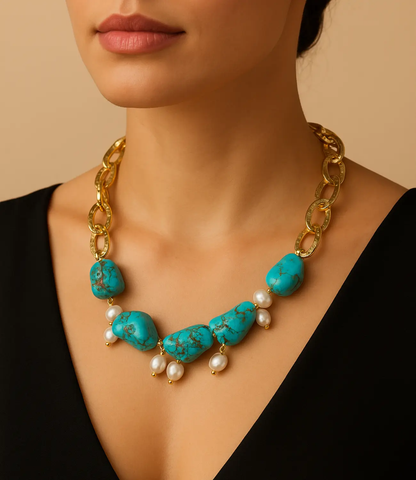 Luxury Turquoise and Pearl Necklace with 18K Gold Plating – Versatile Long or Double Strand Phoebe`s  
