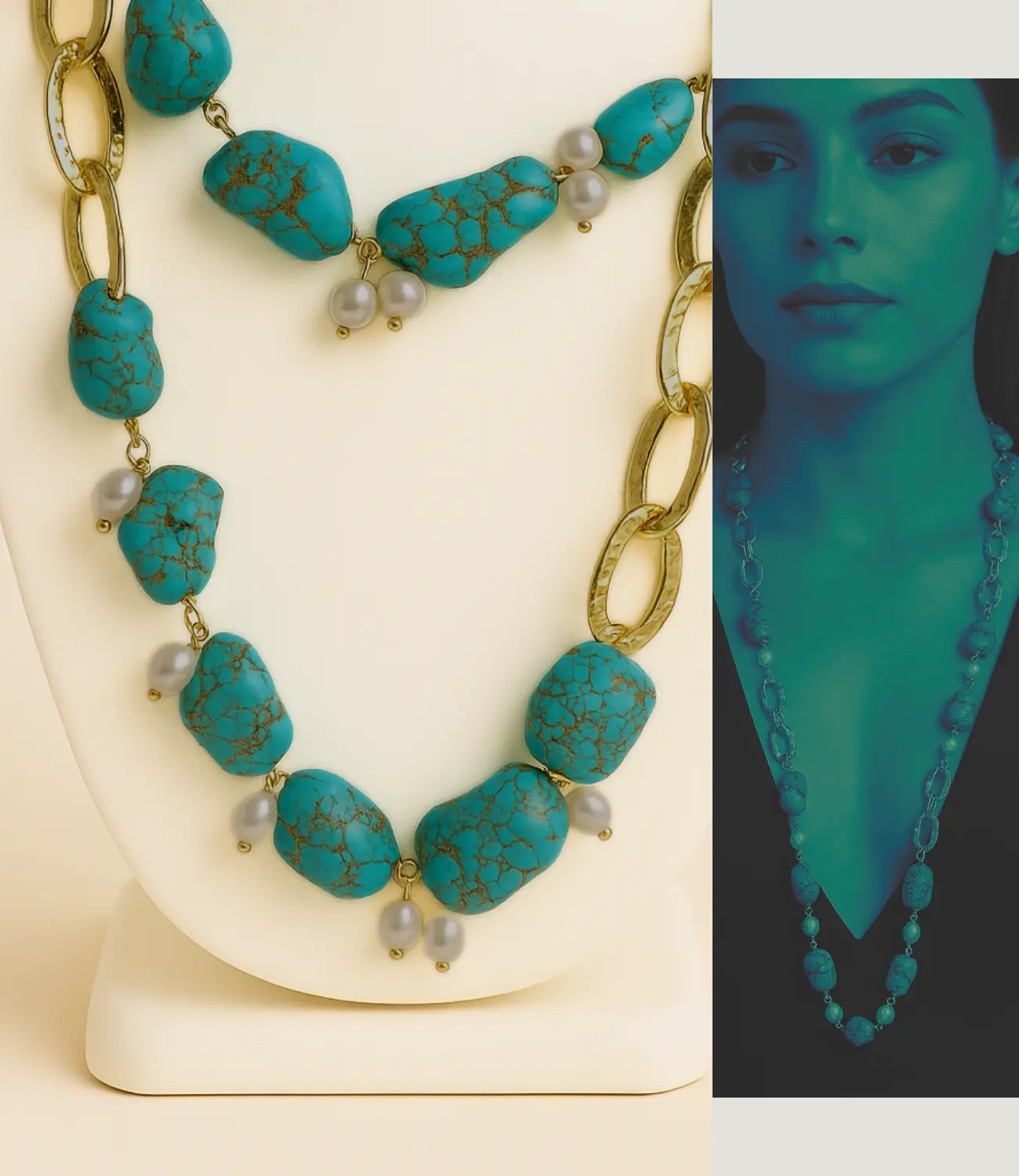 Luxury Turquoise and Pearl Necklace with 18K Gold Plating – Versatile Long or Double Strand Phoebe`s  