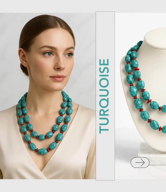 Majestic Turquoise and Coral Necklace – Double Strand PHOEBE'S 
