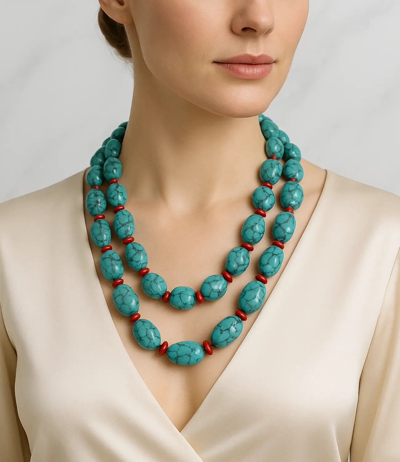 Majestic Turquoise and Coral Necklace – Double Strand PHOEBE'S 