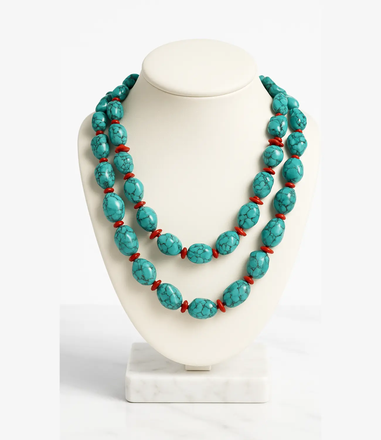 Majestic Turquoise and Coral Necklace – Double Strand PHOEBE'S 