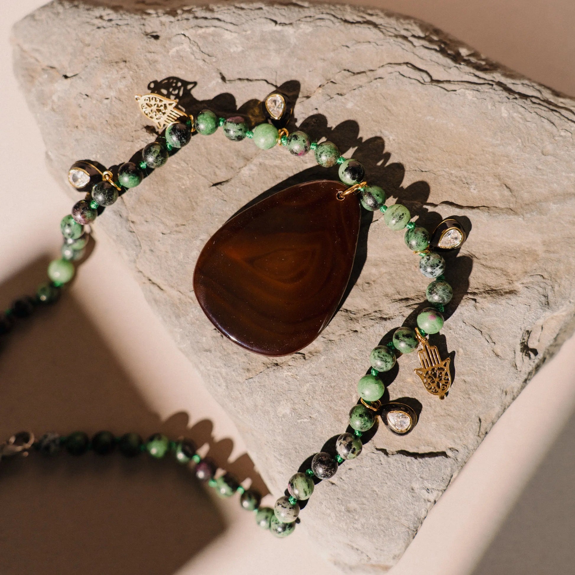 Malachite Necklace | Natural Stone Charm | Hamsa Hand | Handmade Gift