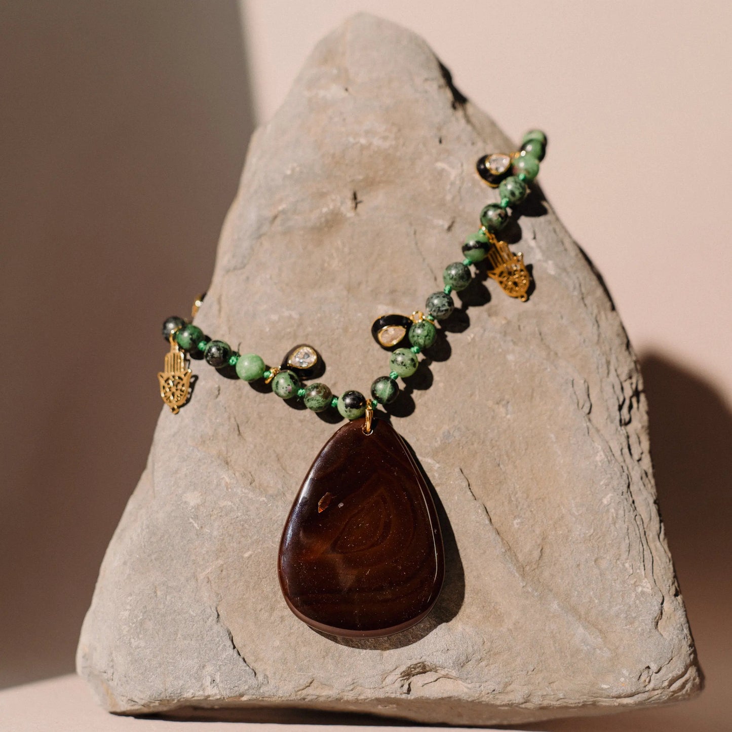 Malachite Necklace | Natural Stone Charm | Hamsa Hand | Handmade Gift