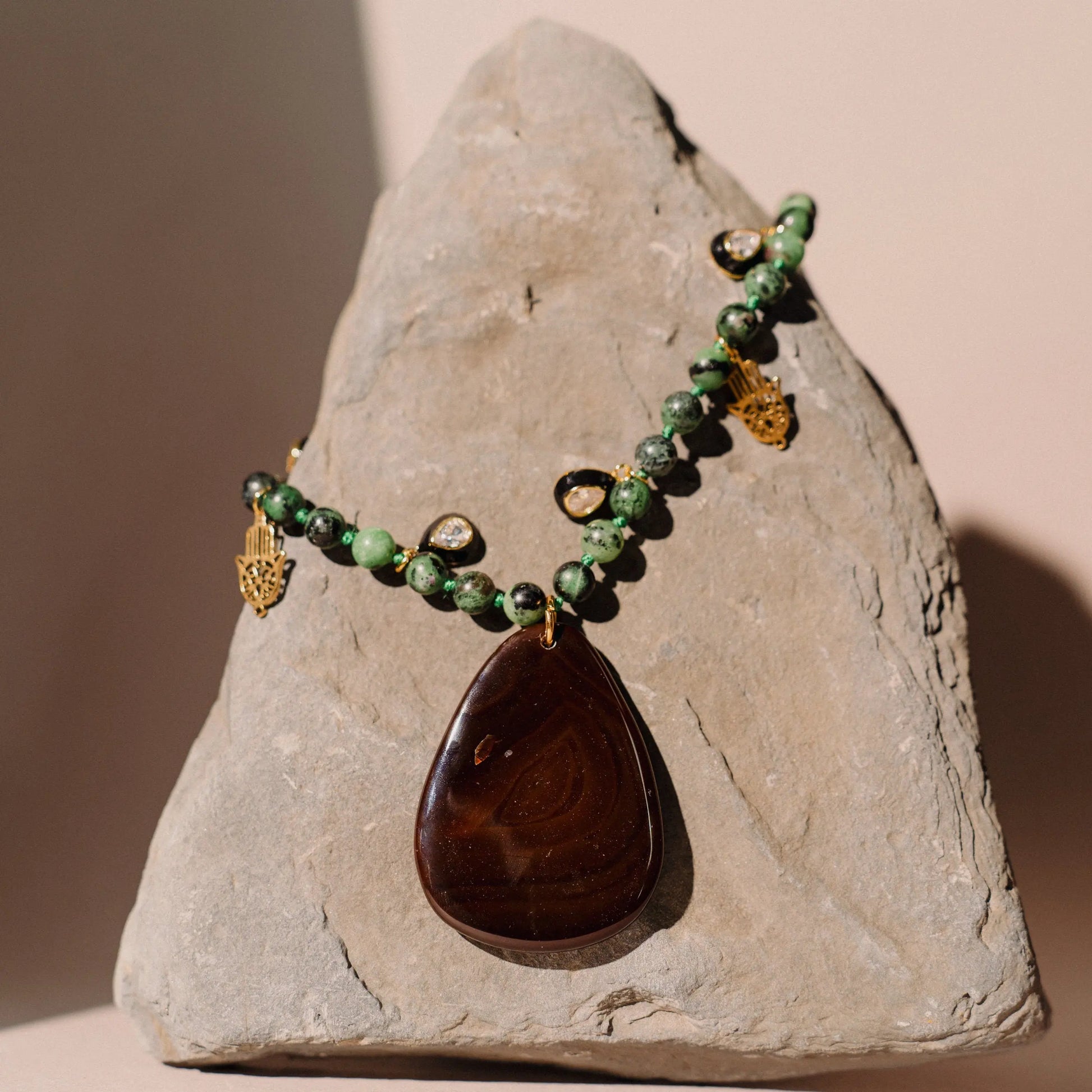 Malachite Necklace | Natural Stone Charm | Hamsa Hand | Handmade Gift