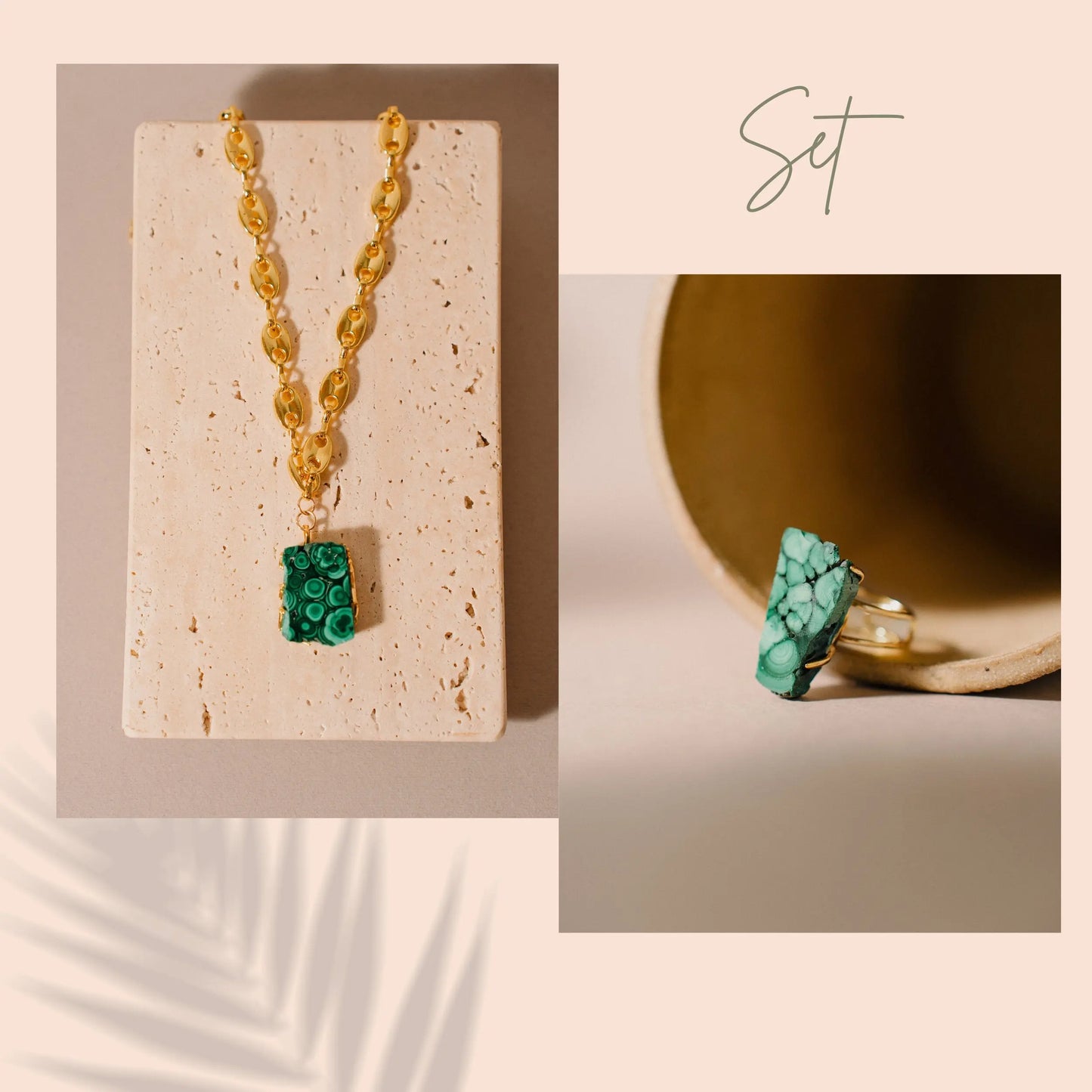 Malachite Necklace, Gold Crystal Set, Gift for Her