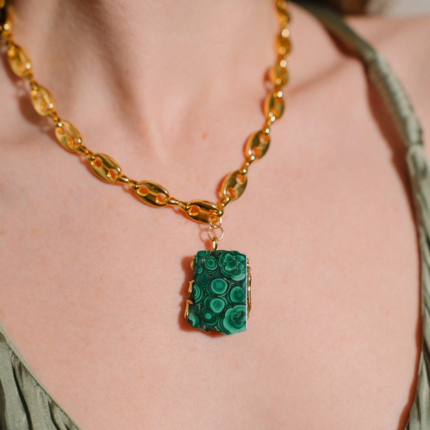 Malachite Necklace, Gold Crystal Set, Gift for Her