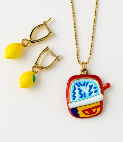 Mediterranean Lemon Set – 18K Gold Earrings and Hand-Painted Ceramic Necklace PHOEBE`S 