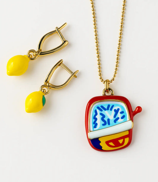 Mediterranean Lemon Set – 18K Gold Earrings and Hand-Painted Ceramic Necklace PHOEBE`S 