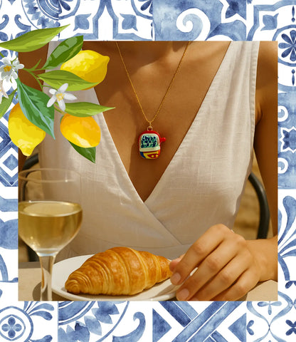 Mediterranean Lemon Set – 18K Gold Earrings and Hand-Painted Ceramic Necklace PHOEBE`S 