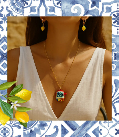 Mediterranean Lemon Set – 18K Gold Earrings and Hand-Painted Ceramic Necklace PHOEBE`S 