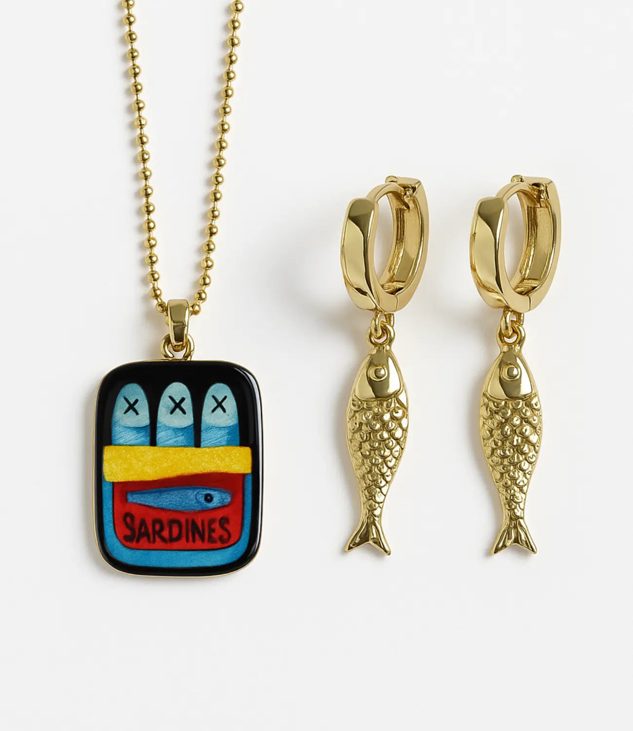 Mediterranean Sardines Set – 18K Gold Earrings and Hand-Painted Ceramic Necklace PHOEBE'S 