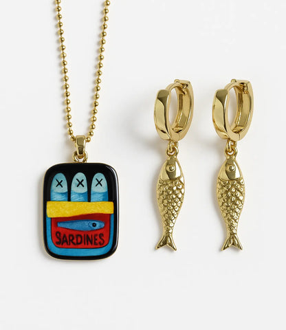 Mediterranean Sardines Set – 18K Gold Earrings and Hand-Painted Ceramic Necklace PHOEBE'S 