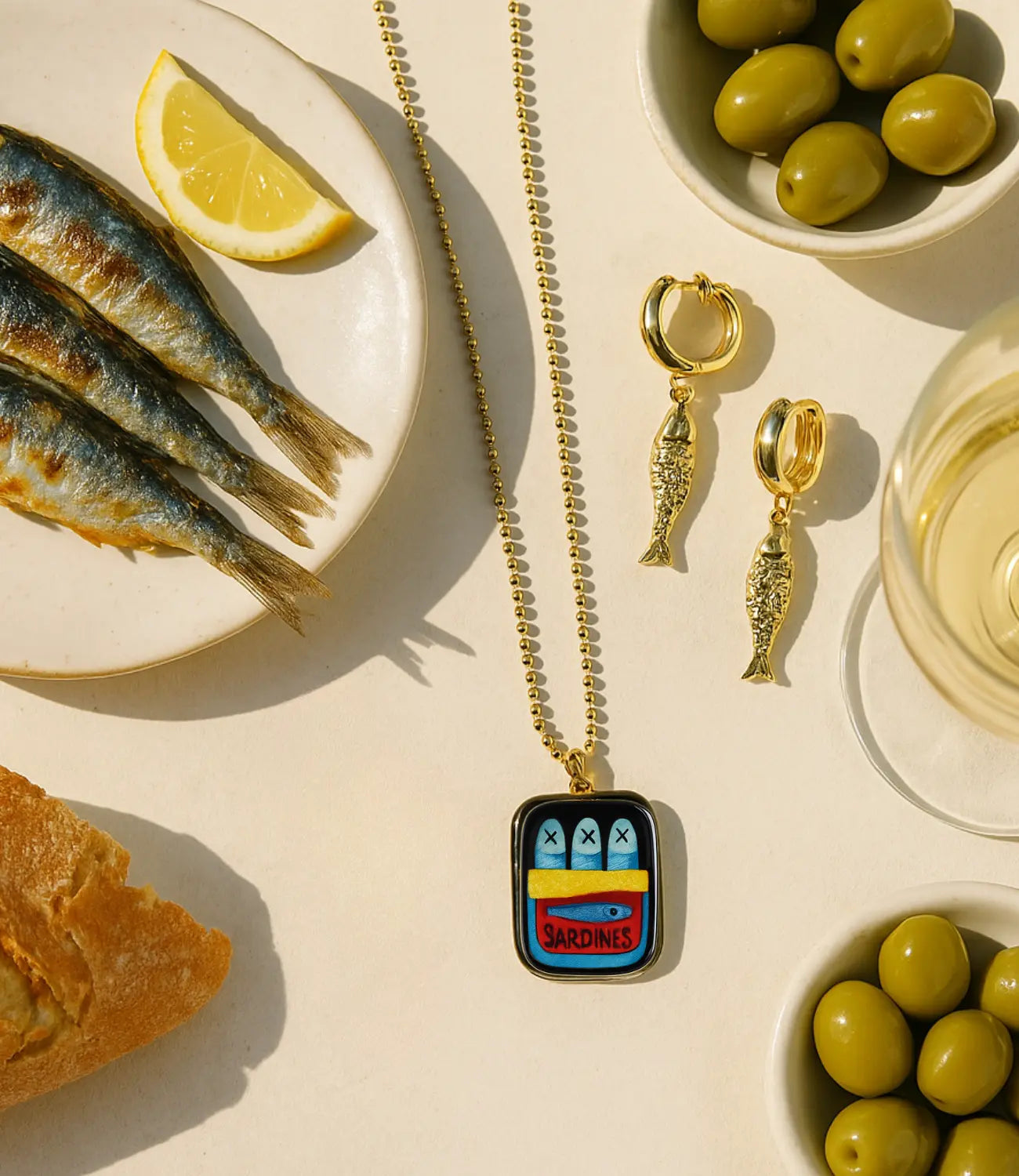 Mediterranean Sardines Set – 18K Gold Earrings and Hand-Painted Ceramic Necklace PHOEBE'S 