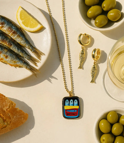 Mediterranean Sardines Set – 18K Gold Earrings and Hand-Painted Ceramic Necklace PHOEBE'S 