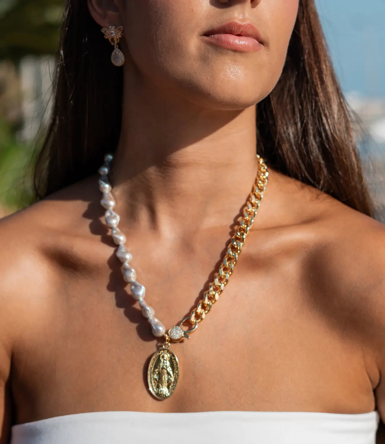 Miraculous Virgin Necklace with Baroque Pearls and Gold Chain PHOEBE'S 