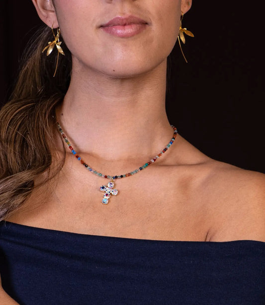 Multicolor Cross Necklace with Czech Glass Beads PHOEBE'S 