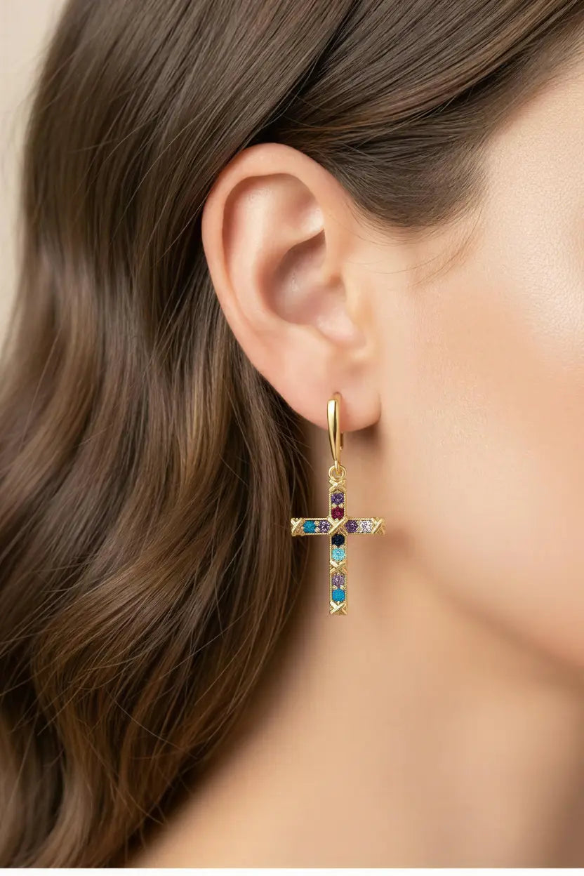 Multicolored Cross Earrings in 18K Gold – Luminous Sacred Elegance PHOEBE'S 