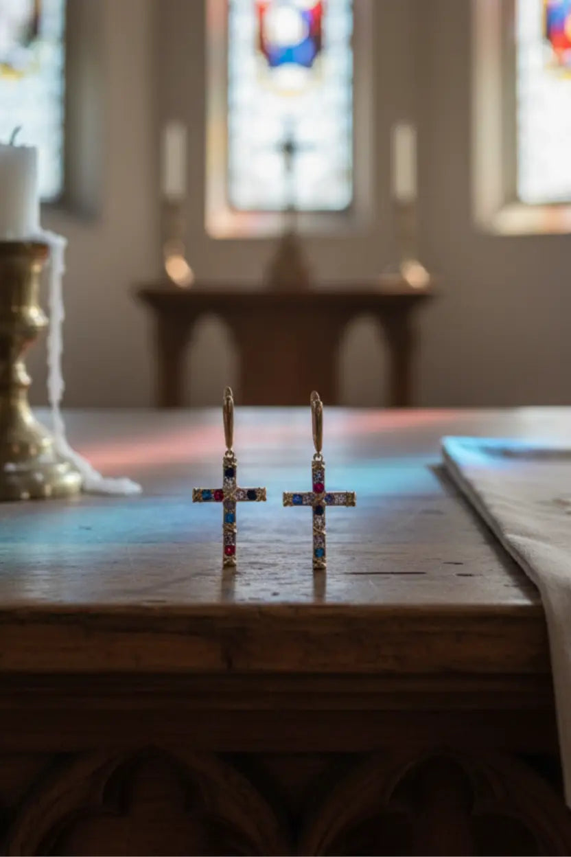 Multicolored Cross Earrings in 18K Gold – Luminous Sacred Elegance PHOEBE'S 