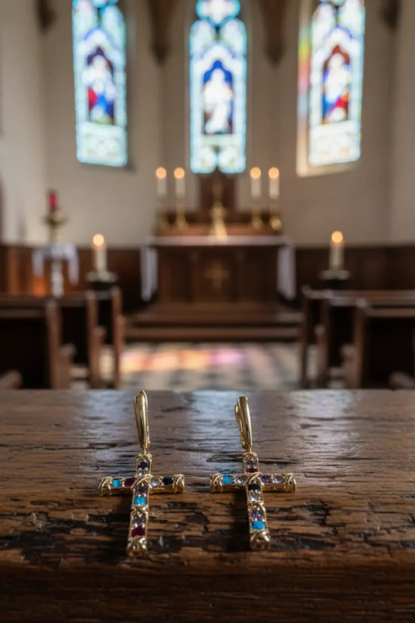 Multicolored Cross Earrings in 18K Gold – Luminous Sacred Elegance PHOEBE'S 