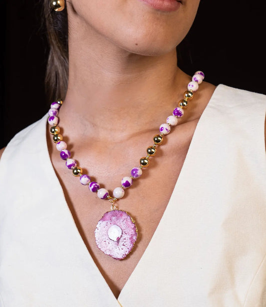 Natural Agate Pendant Necklace in Violet and Gold Tones PHOEBE'S 
