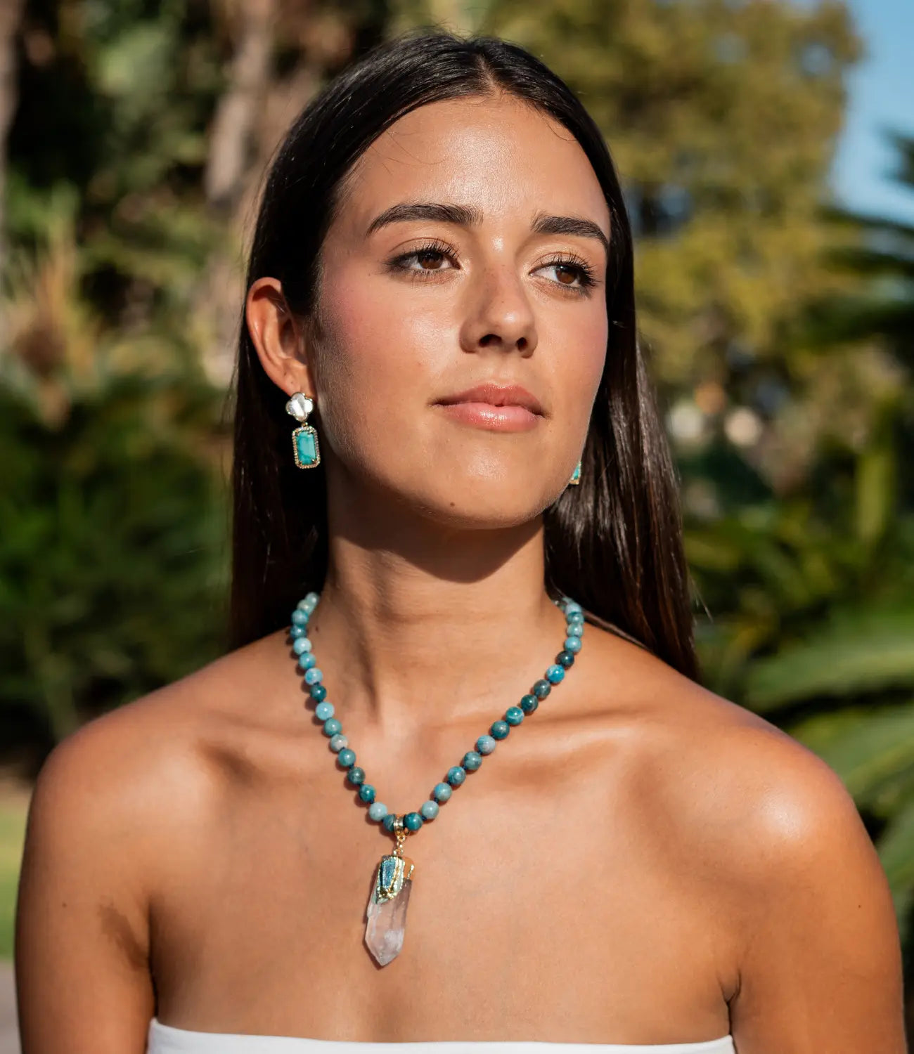 Natural Apatite Bead Necklace with Clear Quartz Pendant and Kyanite Detail PHOEBE'S 