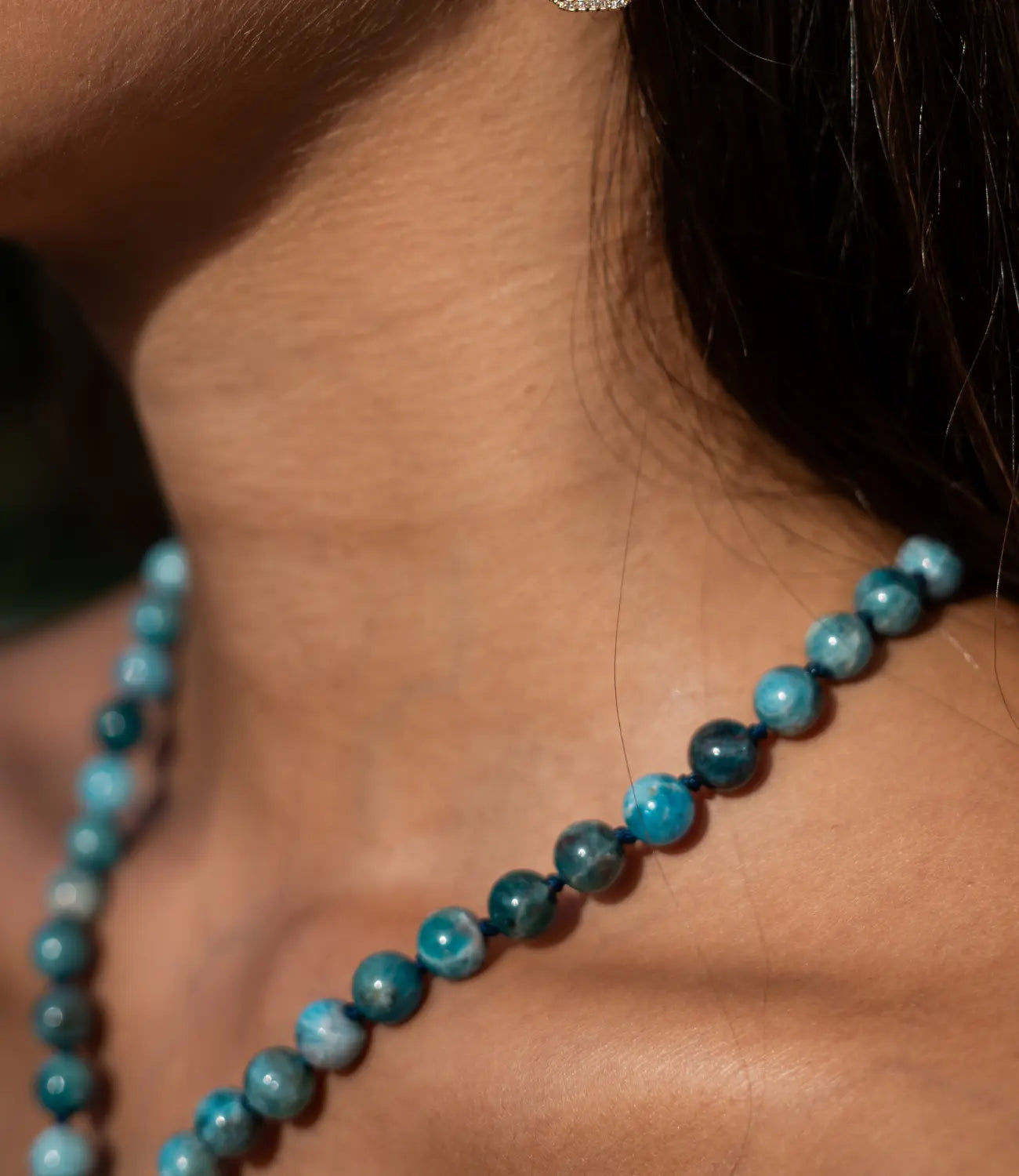 Natural Apatite Bead Necklace with Clear Quartz Pendant and Kyanite Detail PHOEBE'S 