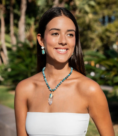 Natural Apatite Bead Necklace with Clear Quartz Pendant and Kyanite Detail PHOEBE'S 