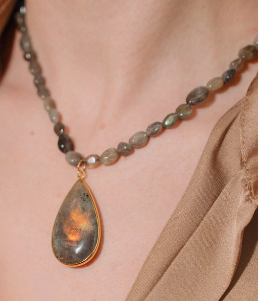 Natural Labradorite Necklace with Teardrop Pendant – Handmade PHOEBE'S 
