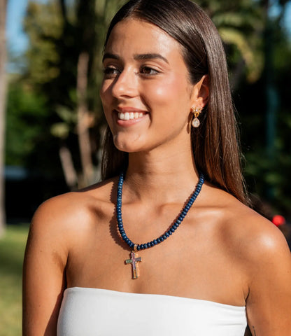 Natural Sodalite Necklace with a Multicolored Golden Cross – Power and Style in One PHOEBE'S 