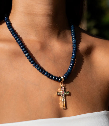 Natural Sodalite Necklace with a Multicolored Golden Cross – Power and Style in One PHOEBE'S 