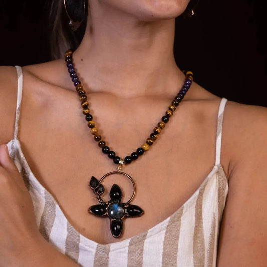 Natural Stone Necklace | Labradorite Centerpiece – Amethyst, Onyx, and Tiger's Eye beads PHOEBE'S 