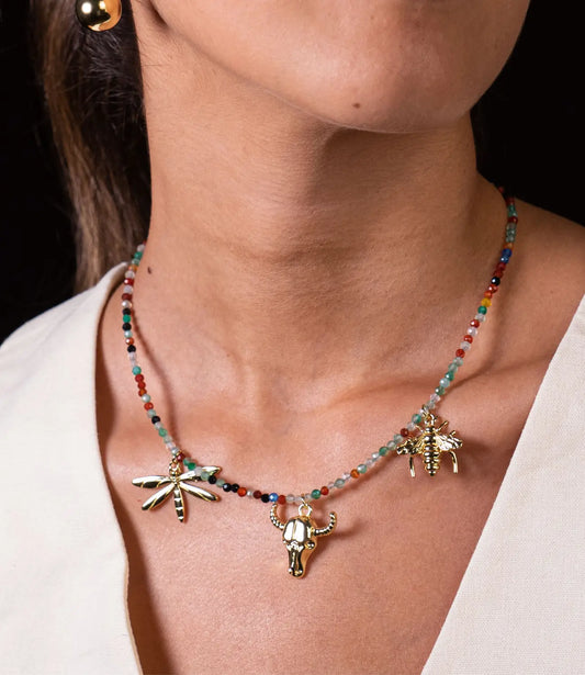 Natural Stone Necklace with Gold Charms – Dragonfly PHOEBE'S 