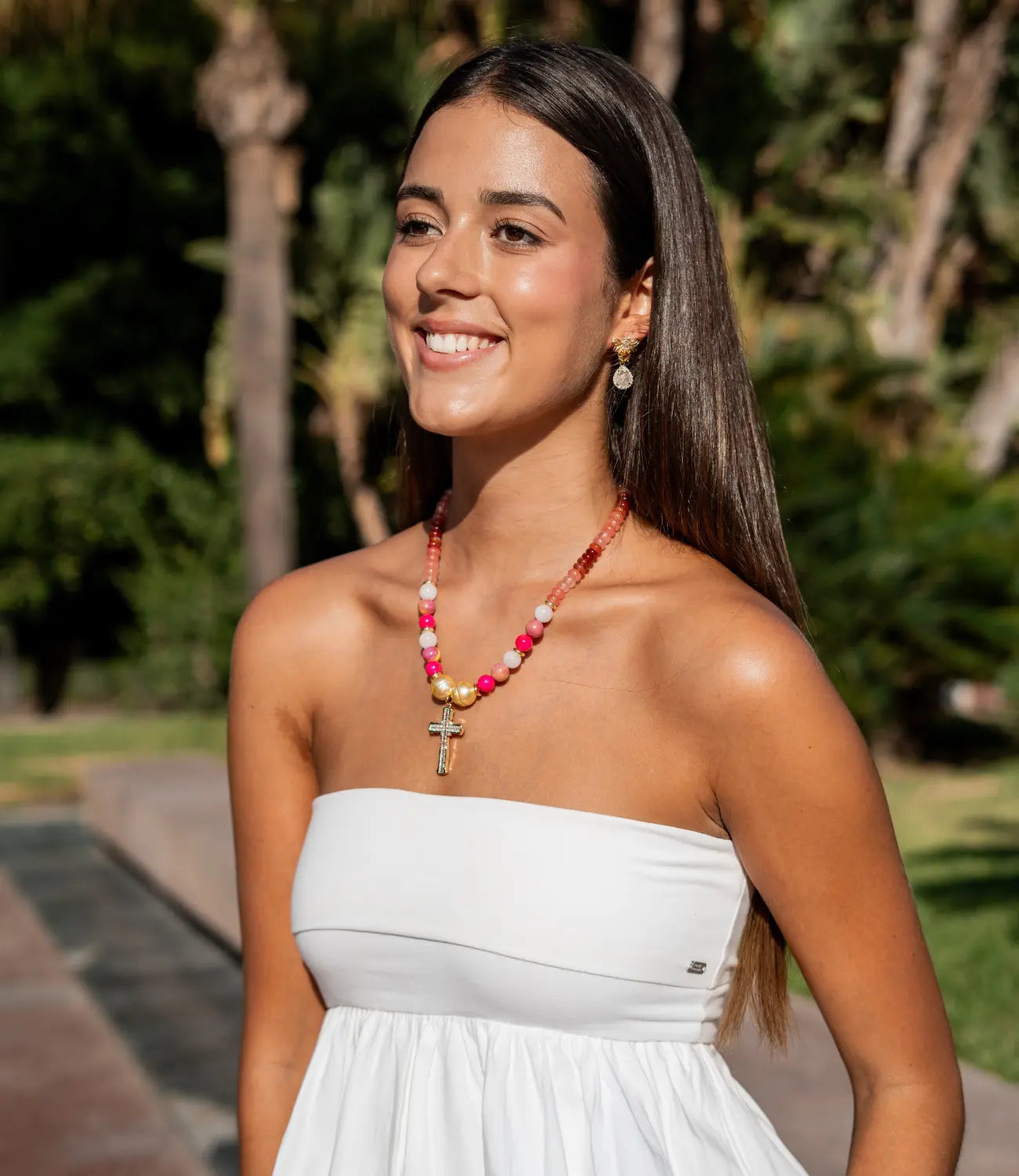 Natural Stone Necklace with Gold Cross Pendant PHOEBE'S 