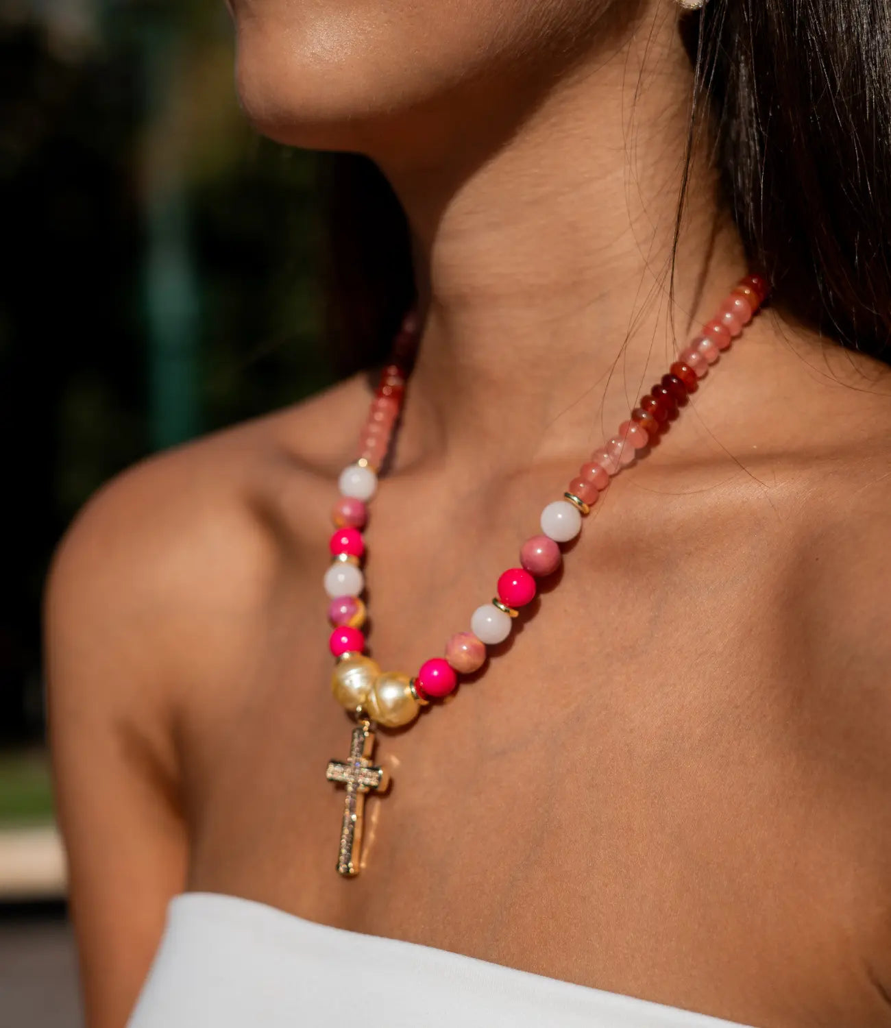 Natural Stone Necklace with Gold Cross Pendant PHOEBE'S 