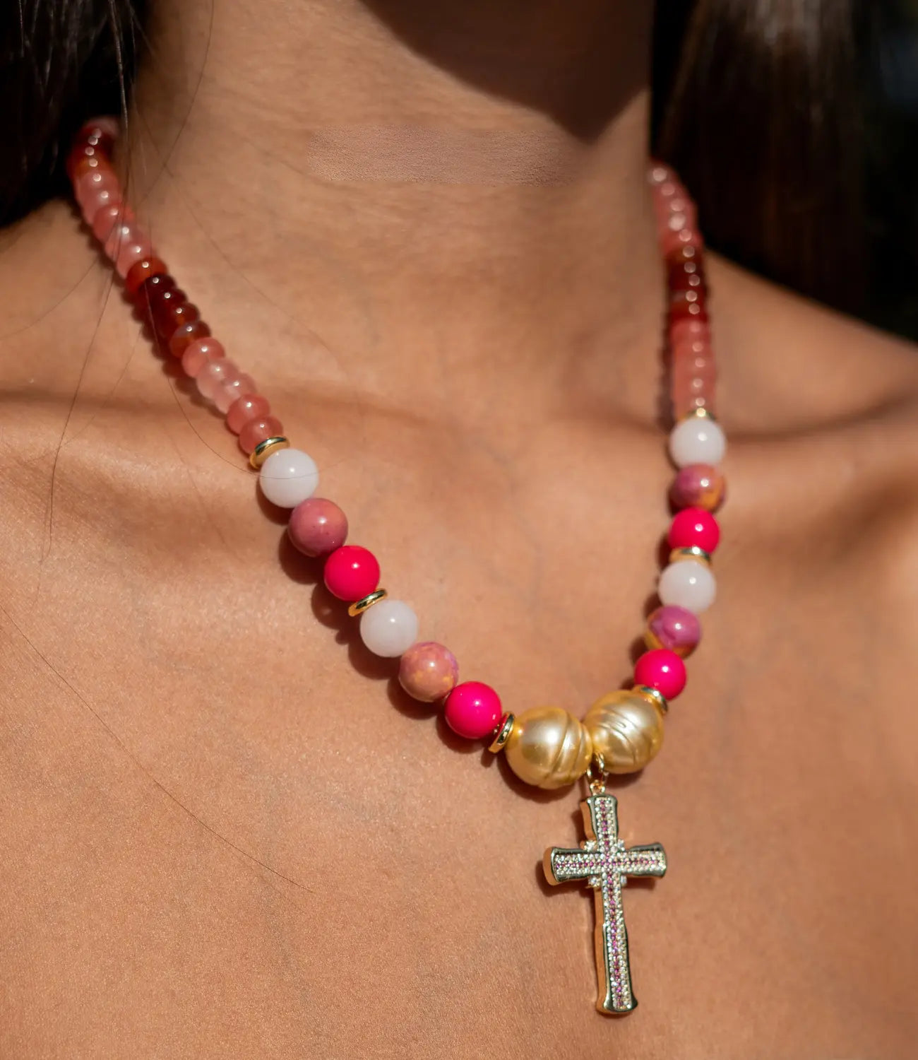 Natural Stone Necklace with Gold Cross Pendant PHOEBE'S 