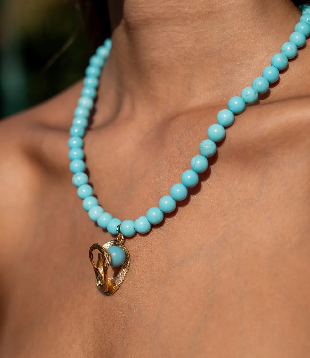 Natural Turquoise Bead Necklace with 18K Gold and Aquamarine Artistic Pendant PHOEBE'S 