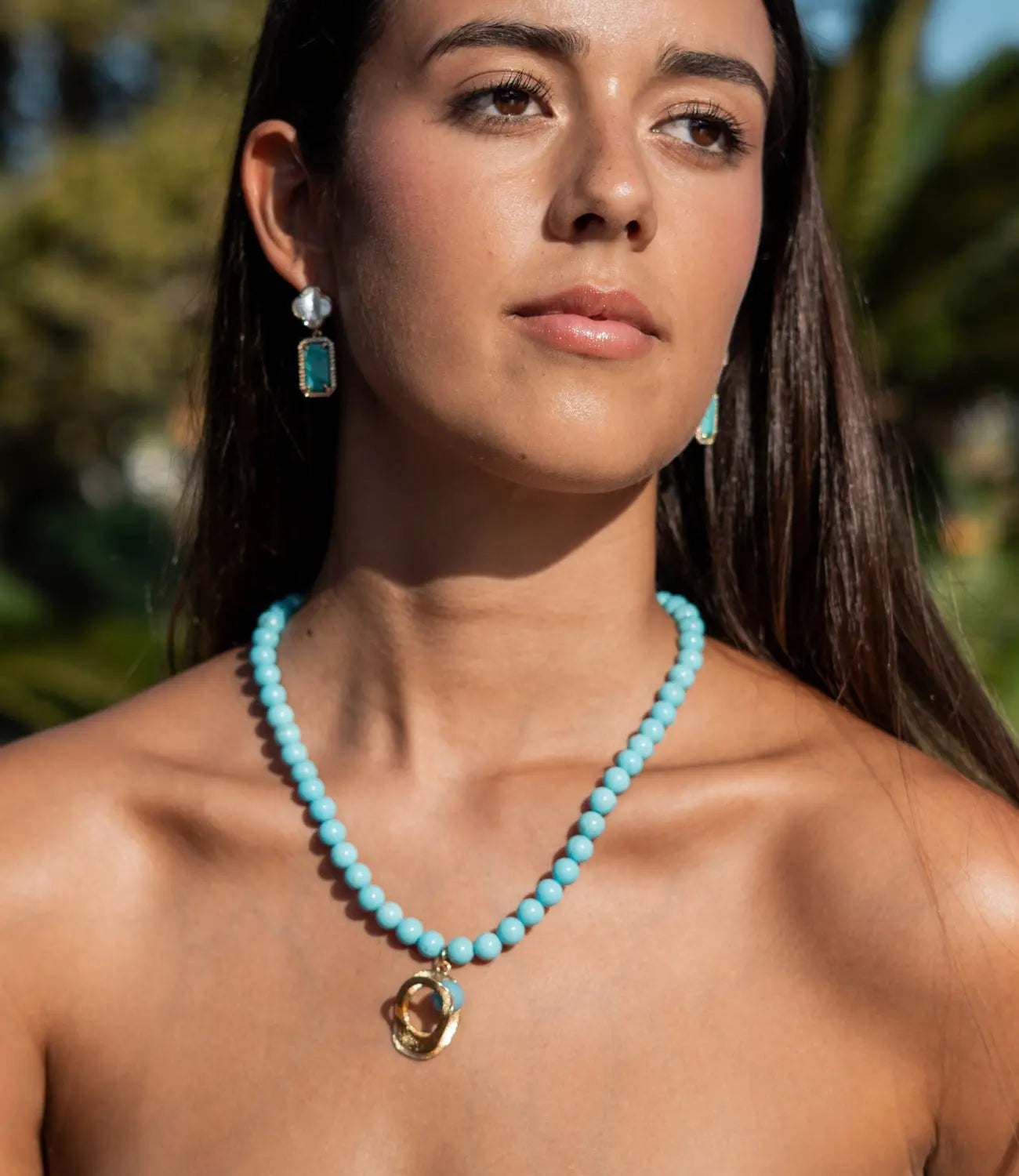 Natural Turquoise Bead Necklace with 18K Gold and Aquamarine Artistic Pendant PHOEBE'S 