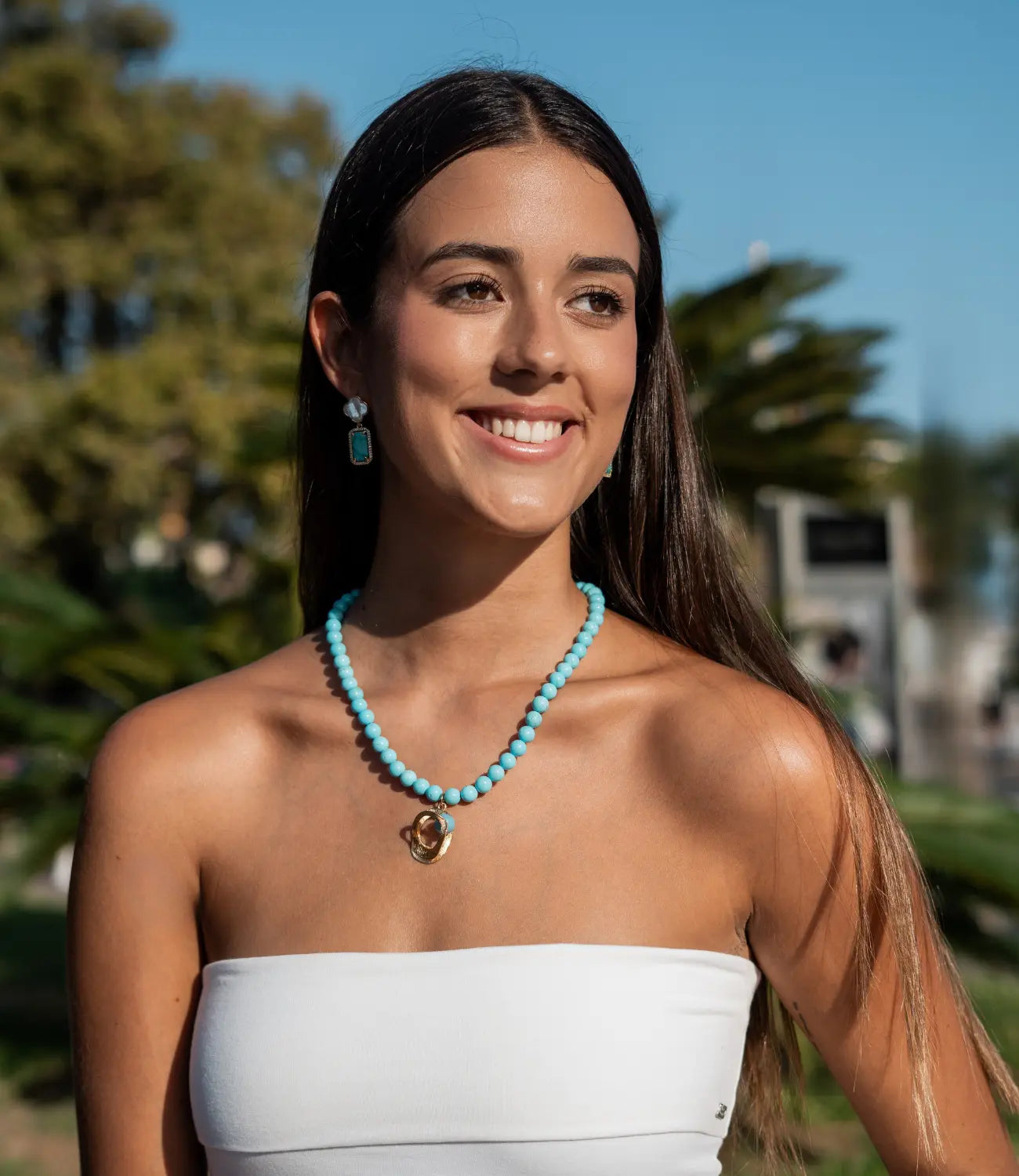 Natural Turquoise Bead Necklace with 18K Gold and Aquamarine Artistic Pendant PHOEBE'S 