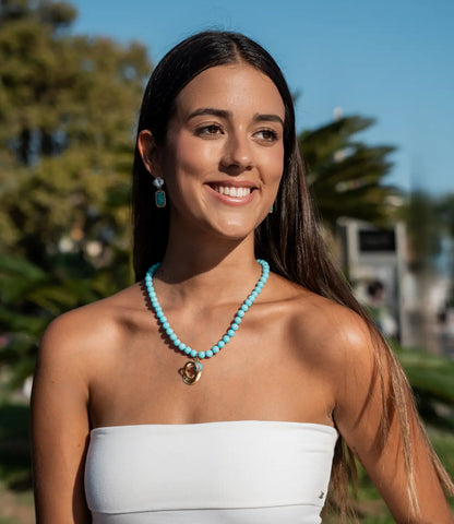 Natural Turquoise Bead Necklace with 18K Gold and Aquamarine Artistic Pendant PHOEBE'S 