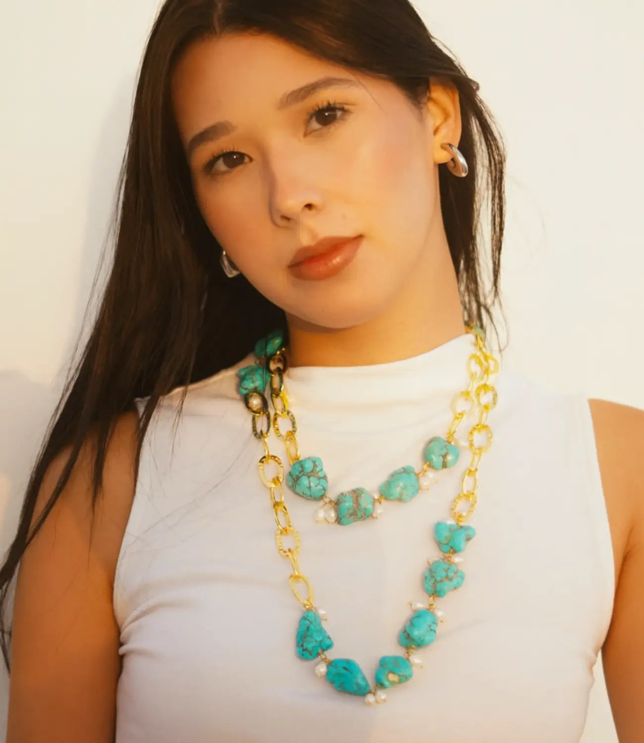 Natural Turquoise and Pearl Double Necklace with Gold Links PHOEBE'S 