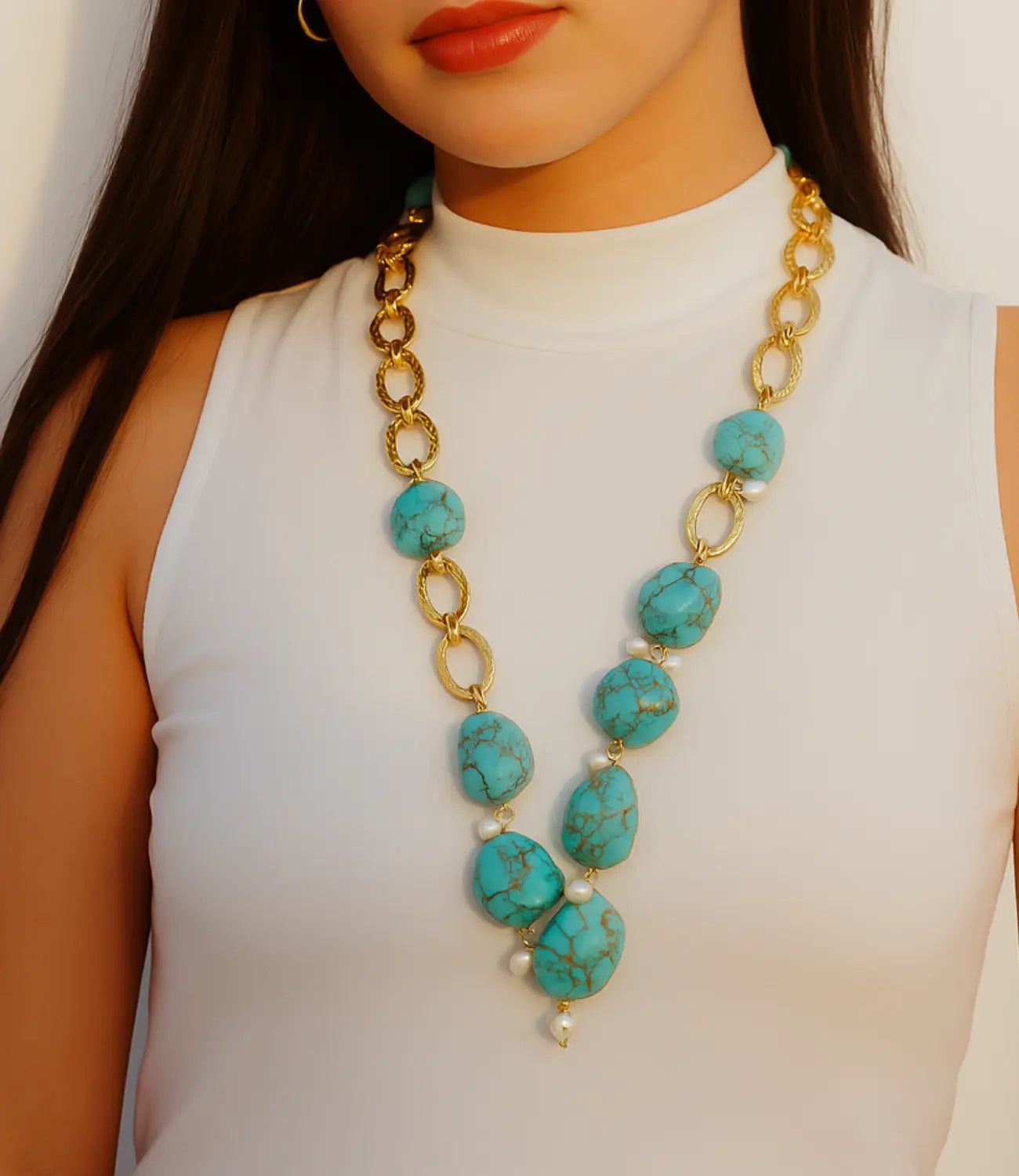 Natural Turquoise and Pearl Double Necklace with Gold Links PHOEBE'S 