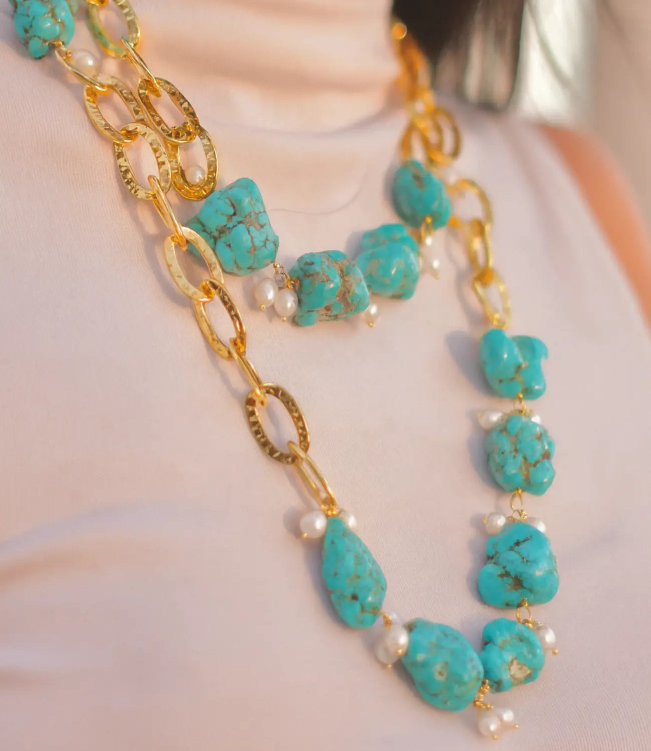 Natural Turquoise and Pearl Double Necklace with Gold Links PHOEBE'S 