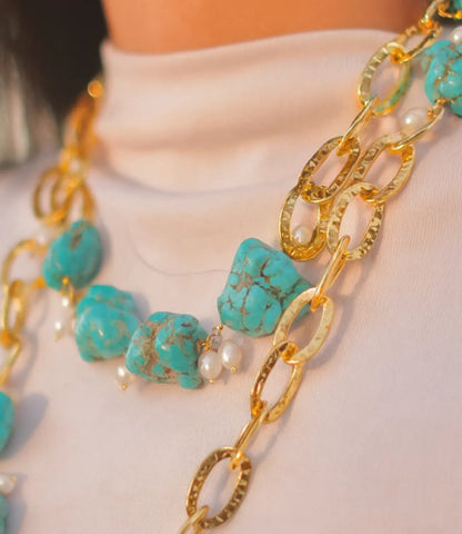 Natural Turquoise and Pearl Double Necklace with Gold Links PHOEBE'S 