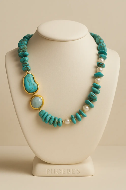 Natural Turquoise and Pearl Necklace with Gold Plating PHOEBE'S 