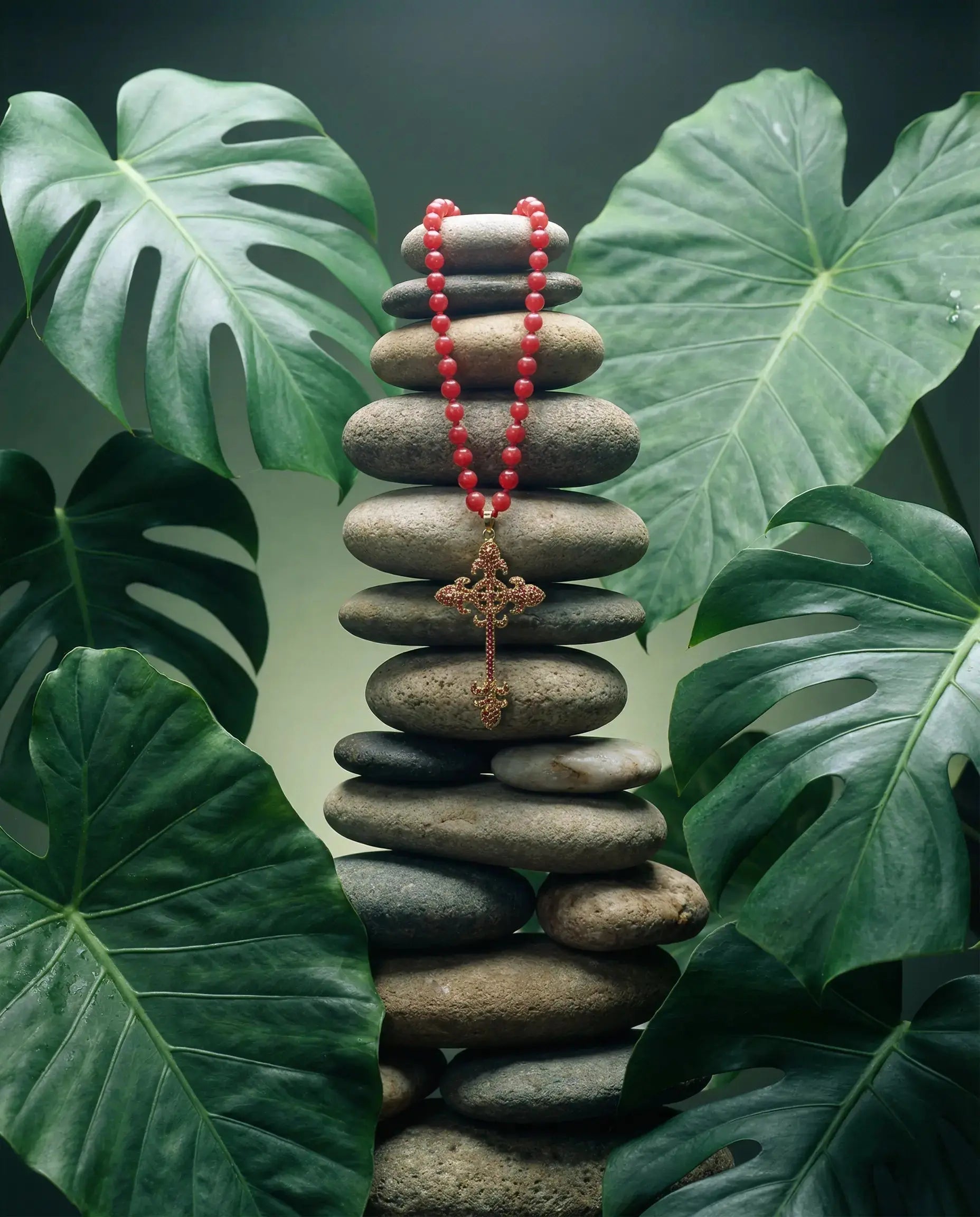 Coral Rosary Necklace with Baroque Cross PHOEBE'S 