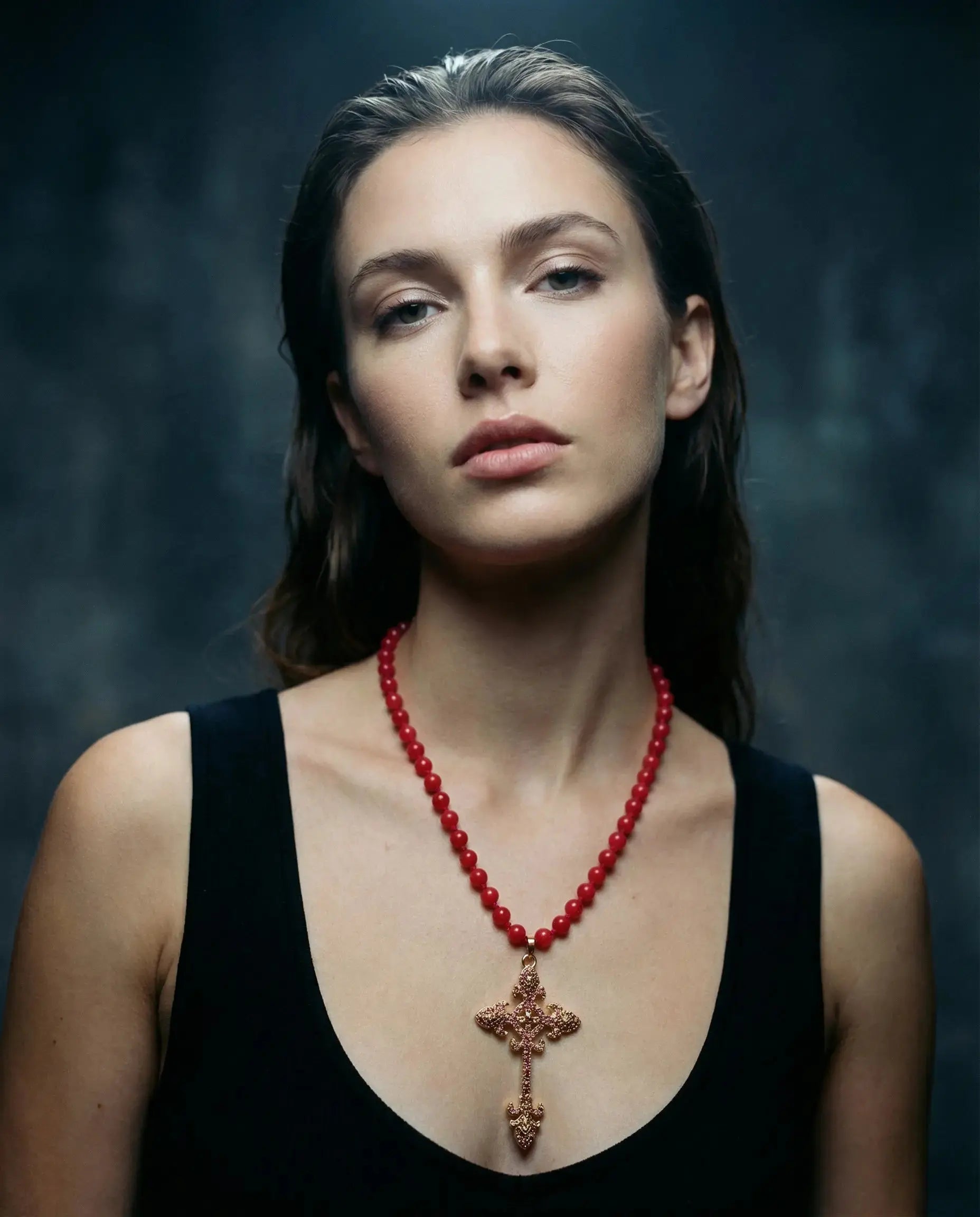 Coral Rosary Necklace with Baroque Cross PHOEBE'S 