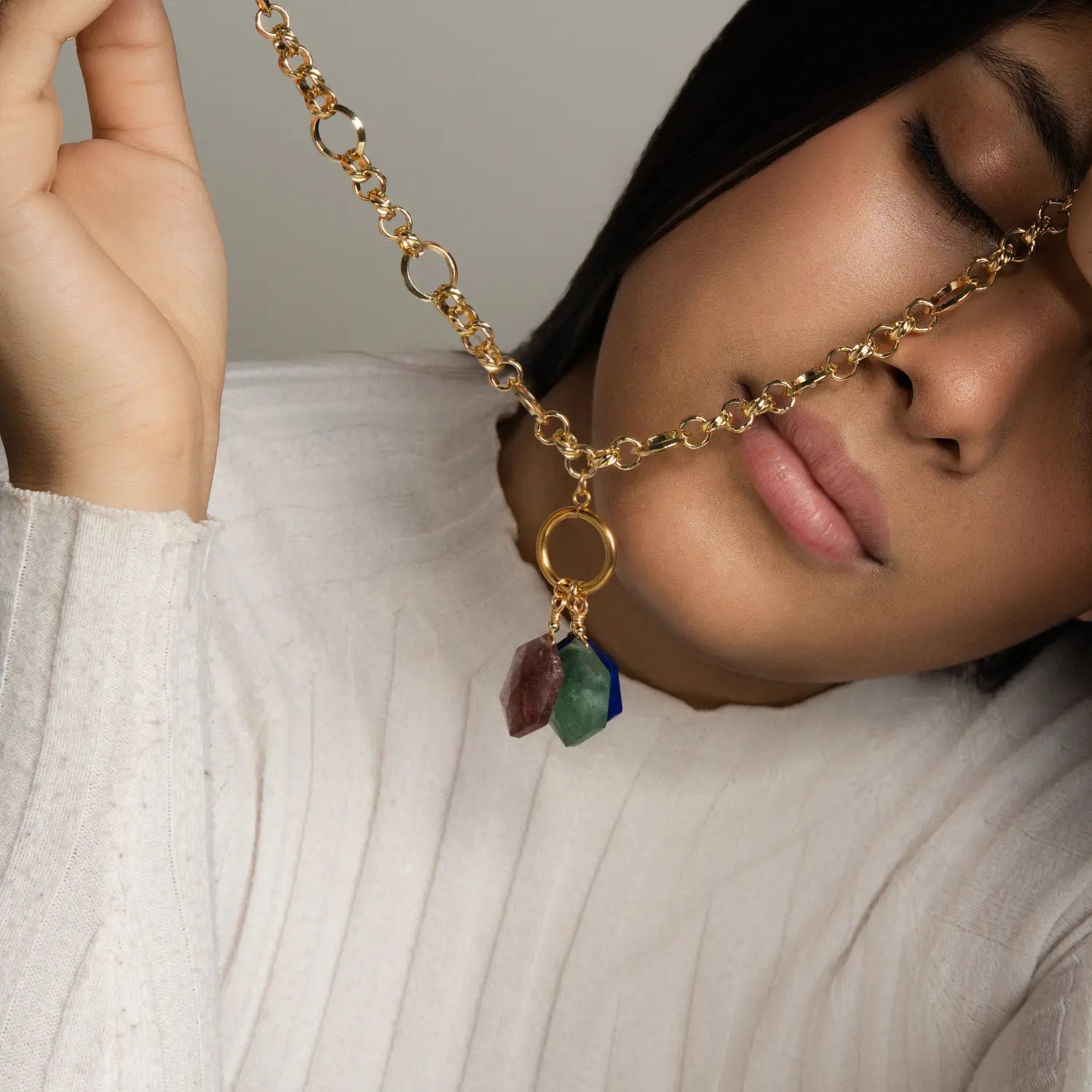 Necklace with Faceted Natural Stones: Strawberry Quartz, Amazonite and Lapis Lazuli PHOEBE'S 