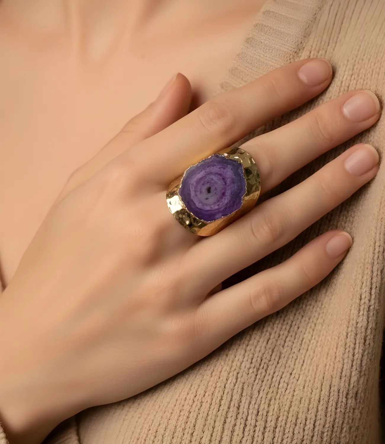 Open Ring with Natural Agate in Gold Plating PHOEBE'S 