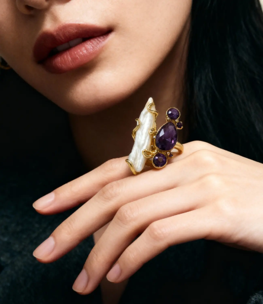 Open Ring with Pearl and Amethyst — 18K Gold Plated PHOEBE'S 